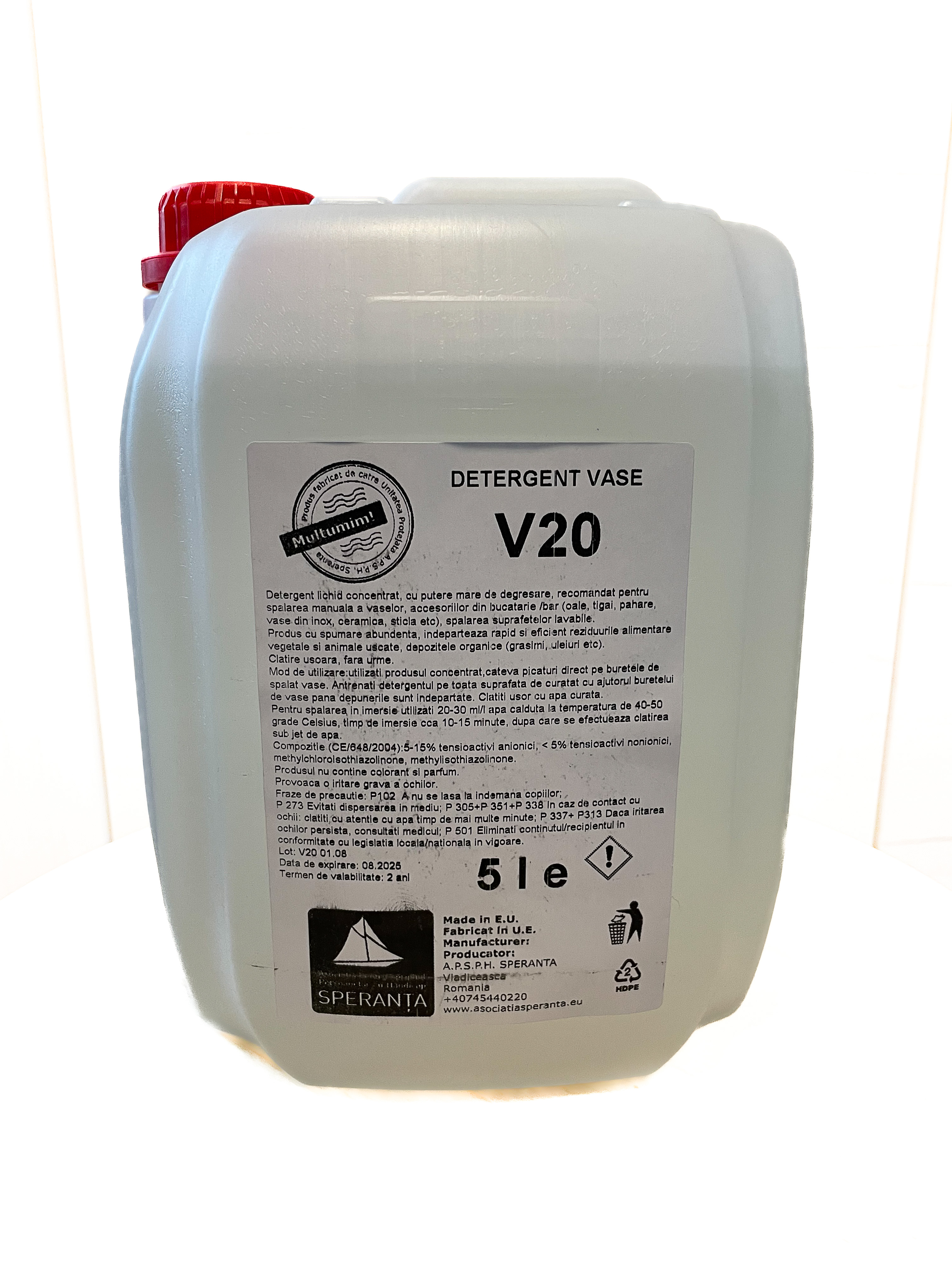 Detergent curatare vase concentrat V20 NEUTRAL (inodor si incolor) 5000ml canistra HDPE [5 LITRI]