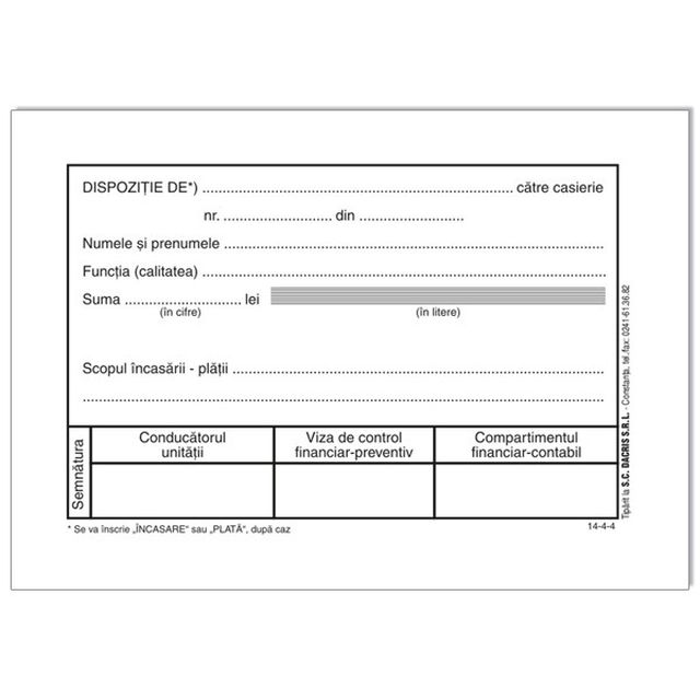 DISPOZITIE CASIERIE A6 AUTOCOPIATIVA 2 EXEMPLARE 50 SETURI / CARNET